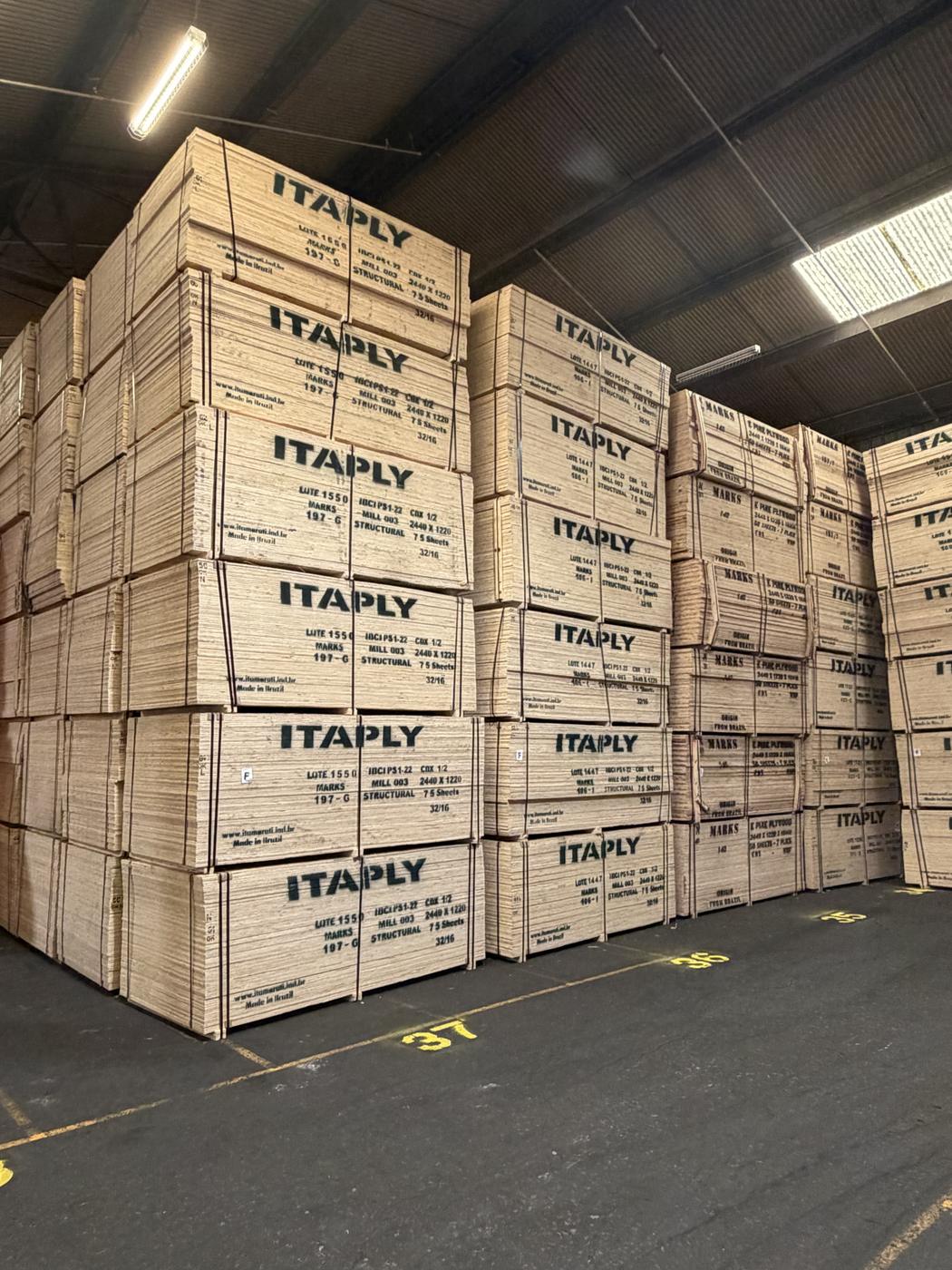 Stacks of Brazilian plywood units in the Brooklyn warehouse