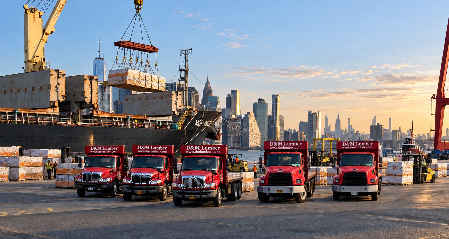 Five red D&M Lumber trucks lined up on the pier at golden hour, a crane lifting lumber off the ship, Manhattan skyline behind